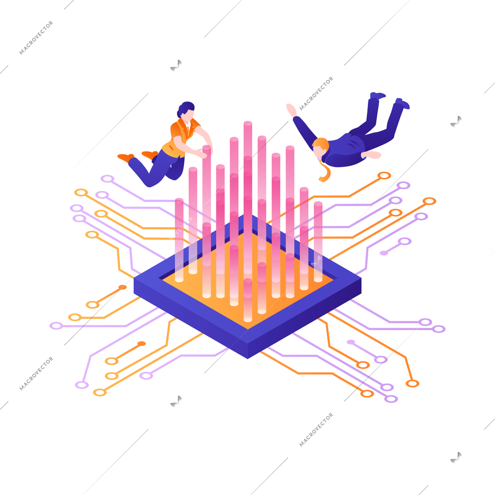 Modern future technologies artificial intelligence isometric concept with human characters 3d vector illustration