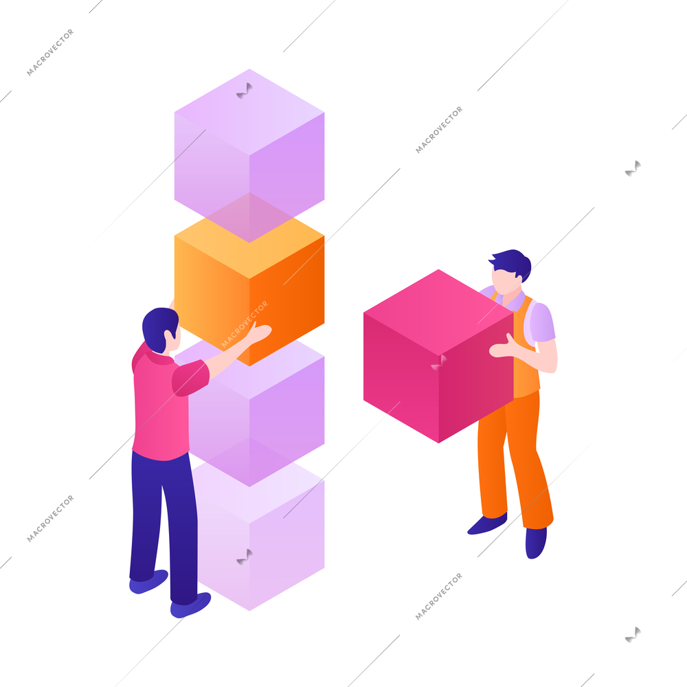 Modern future technologies blockchain isometric concept with people holding blocks 3d vector illustration