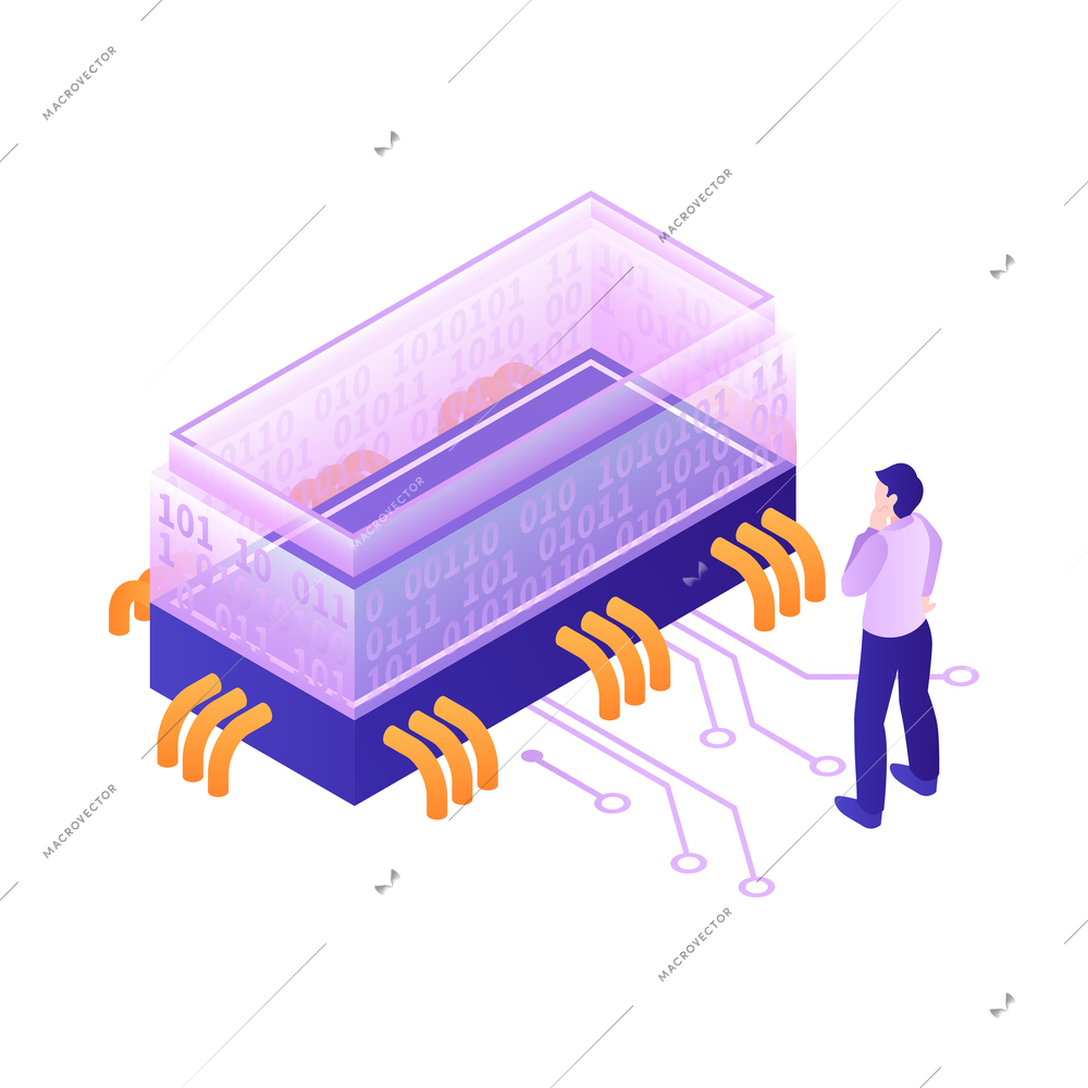 Modern future technologies blockchain isometric concept with human character 3d vector illustration