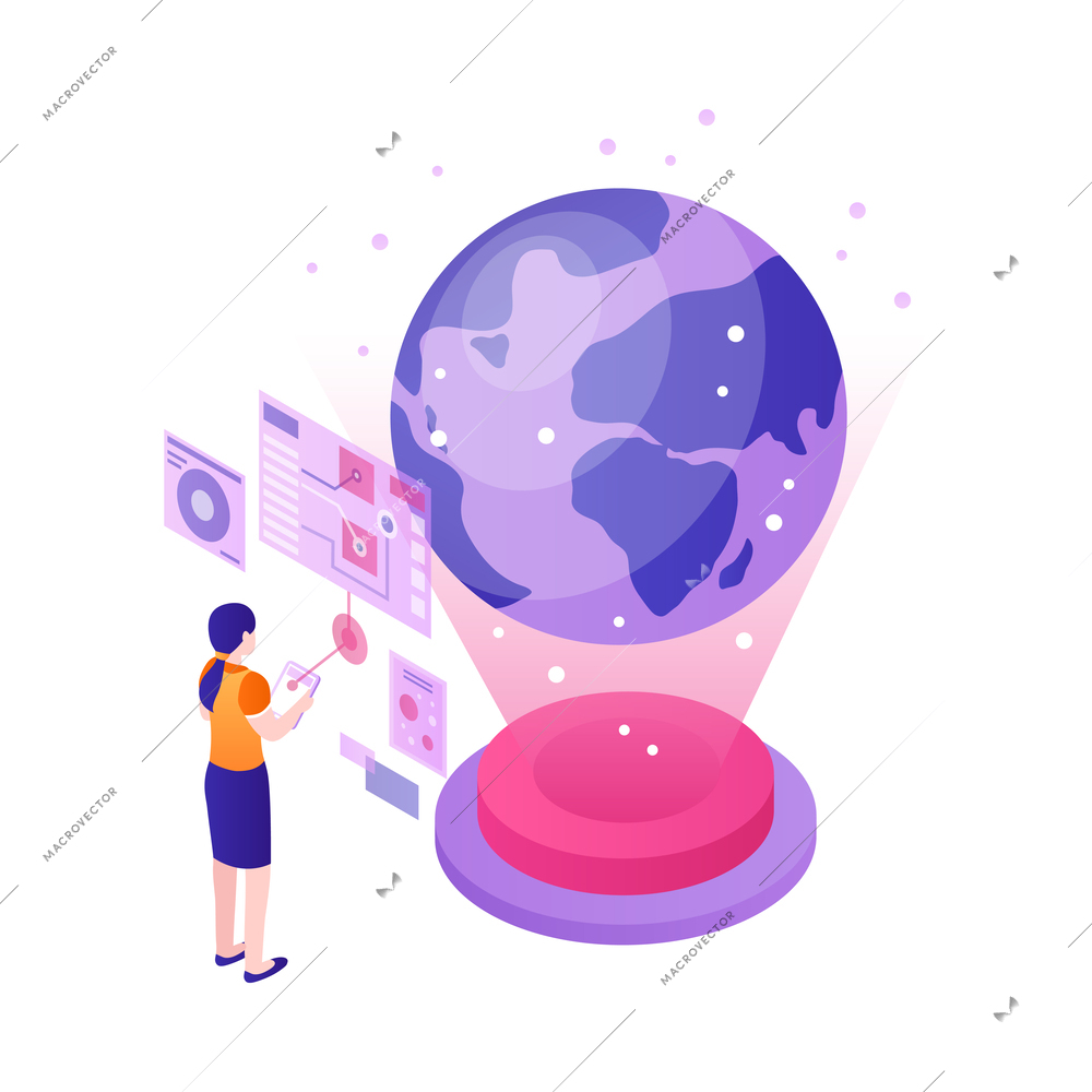 Modern future technologies isometric concept with character using virtual screens 3d vector illustration