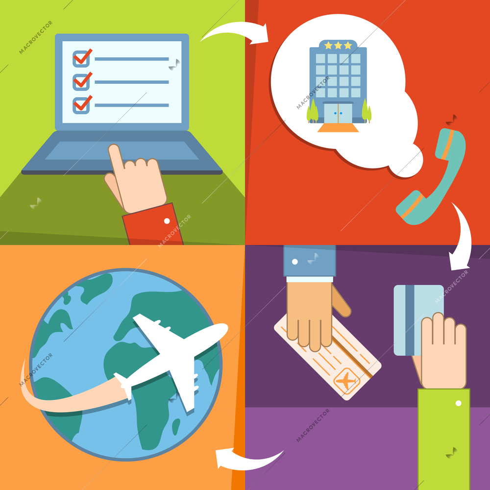 Business reservation and booking icons set with hands for vacation trip payment and ticket purchase vector illustration