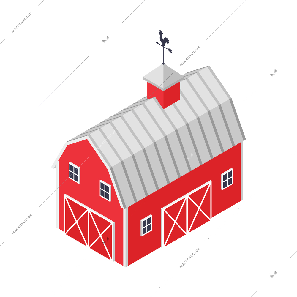 Isometric red farm building with weathercock 3d vector illustration