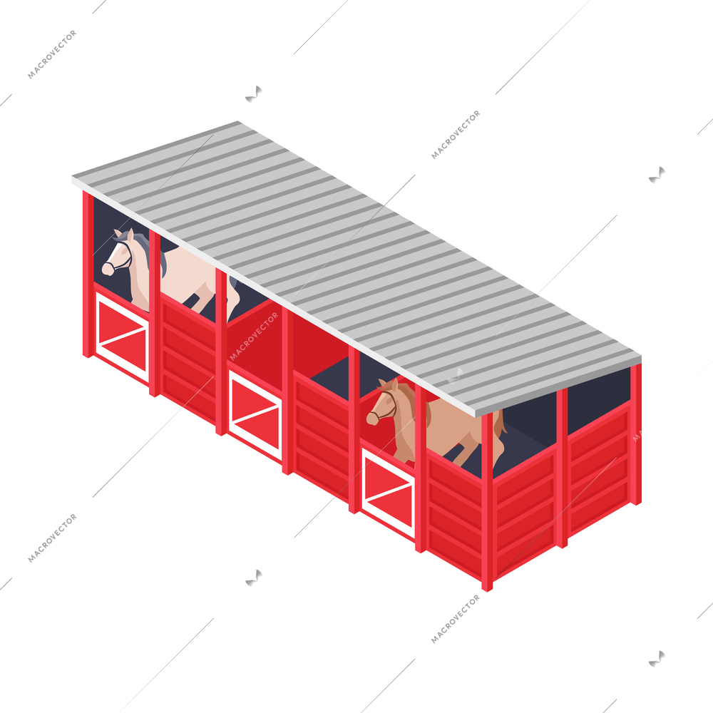 Isometric farm icon with horses in stalls 3d vector illustration