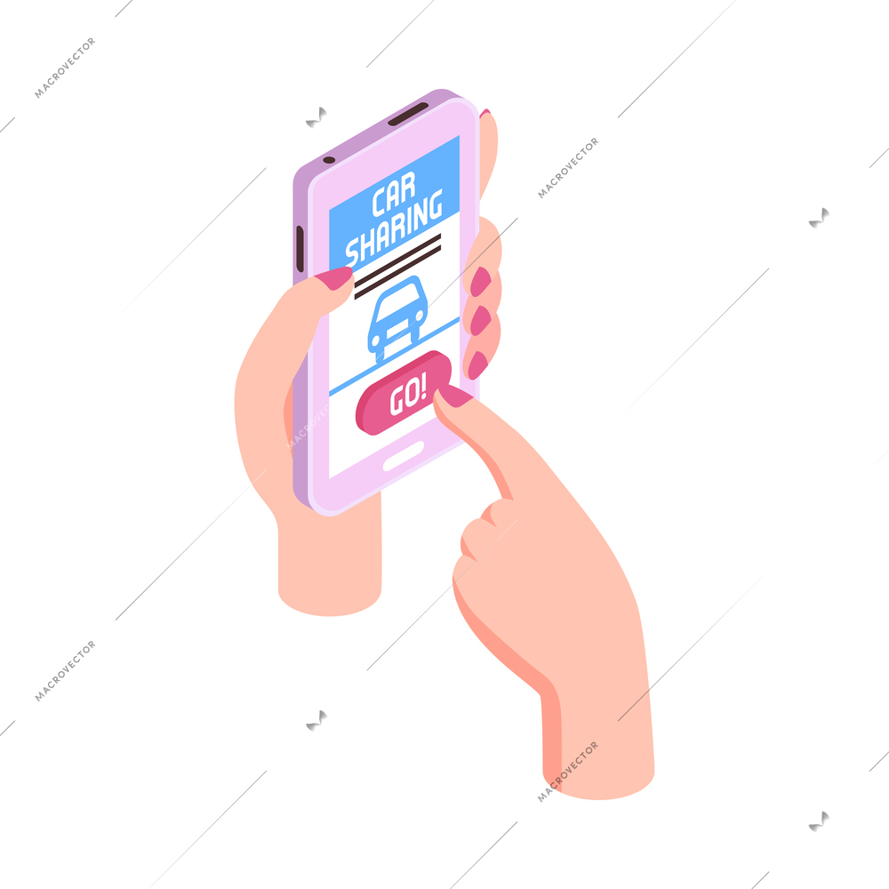 Car sharing isometric icon with human hands hiring automobile on smartphone vector illustration