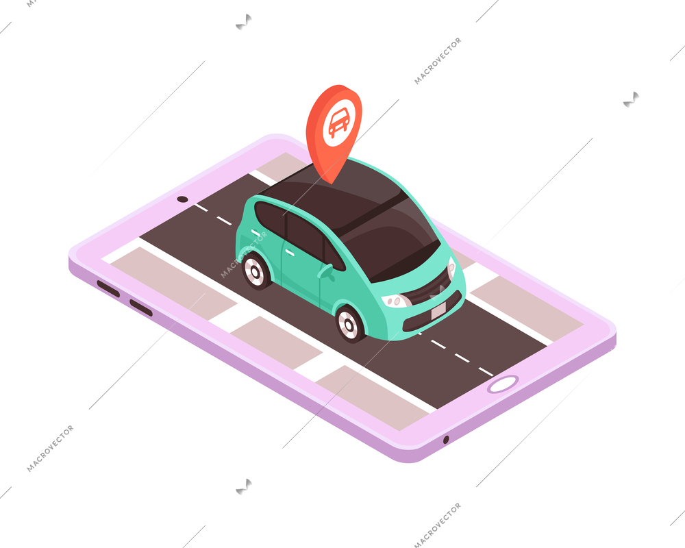 Isometric car sharing icon with passenger vehicle and tablet 3d vector illustration