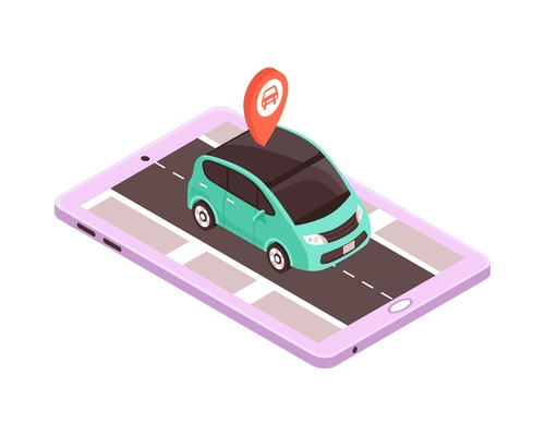 Isometric car sharing icon with passenger vehicle and tablet 3d vector illustration