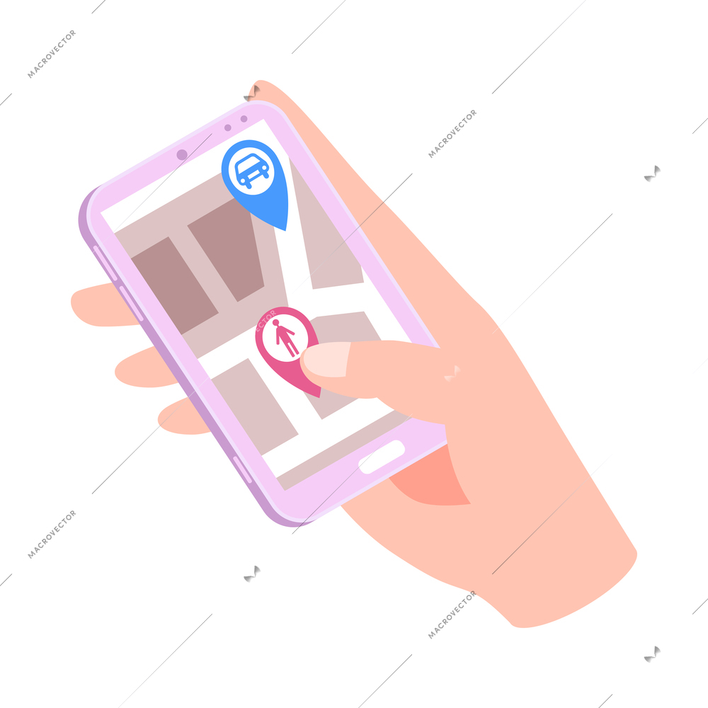 Isometric car sharing icon with human hand holding smartphone 3d vector illustration