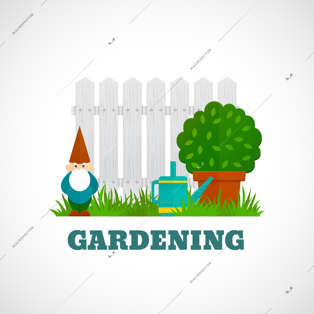 Gardening flat poster with dwarf fence and water pot on the lawn vector illustration