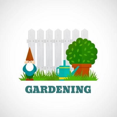 Gardening flat poster with dwarf fence and water pot on the lawn vector illustration