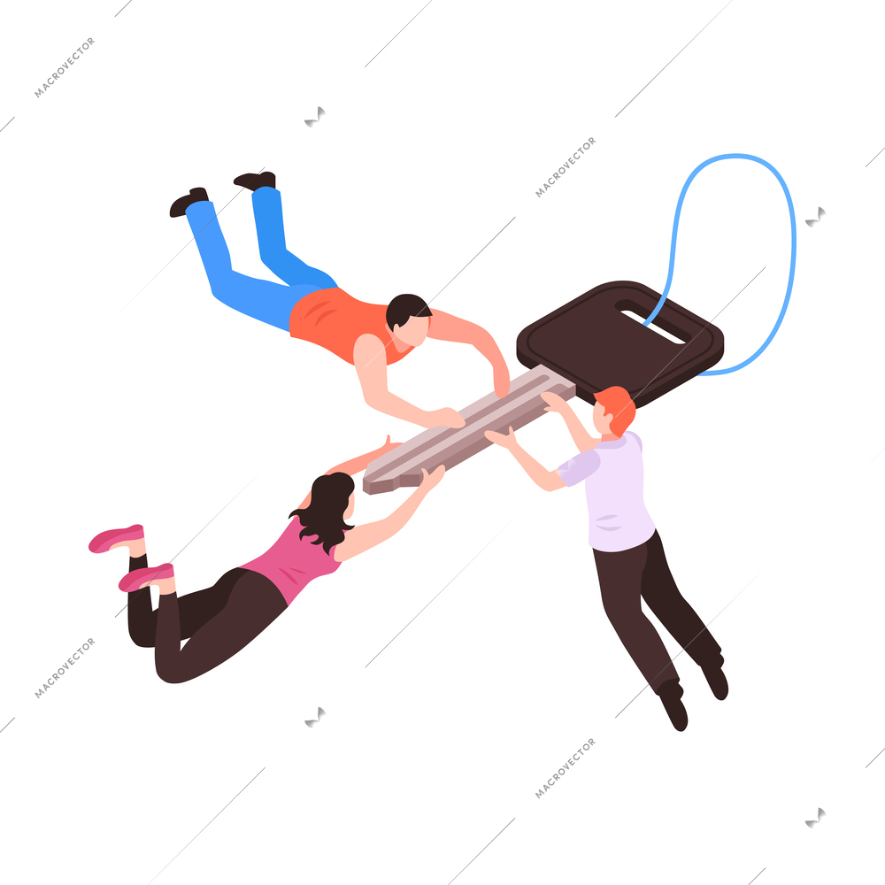 Isometric car sharing icon with three people holding one automobile key 3d vector illustration
