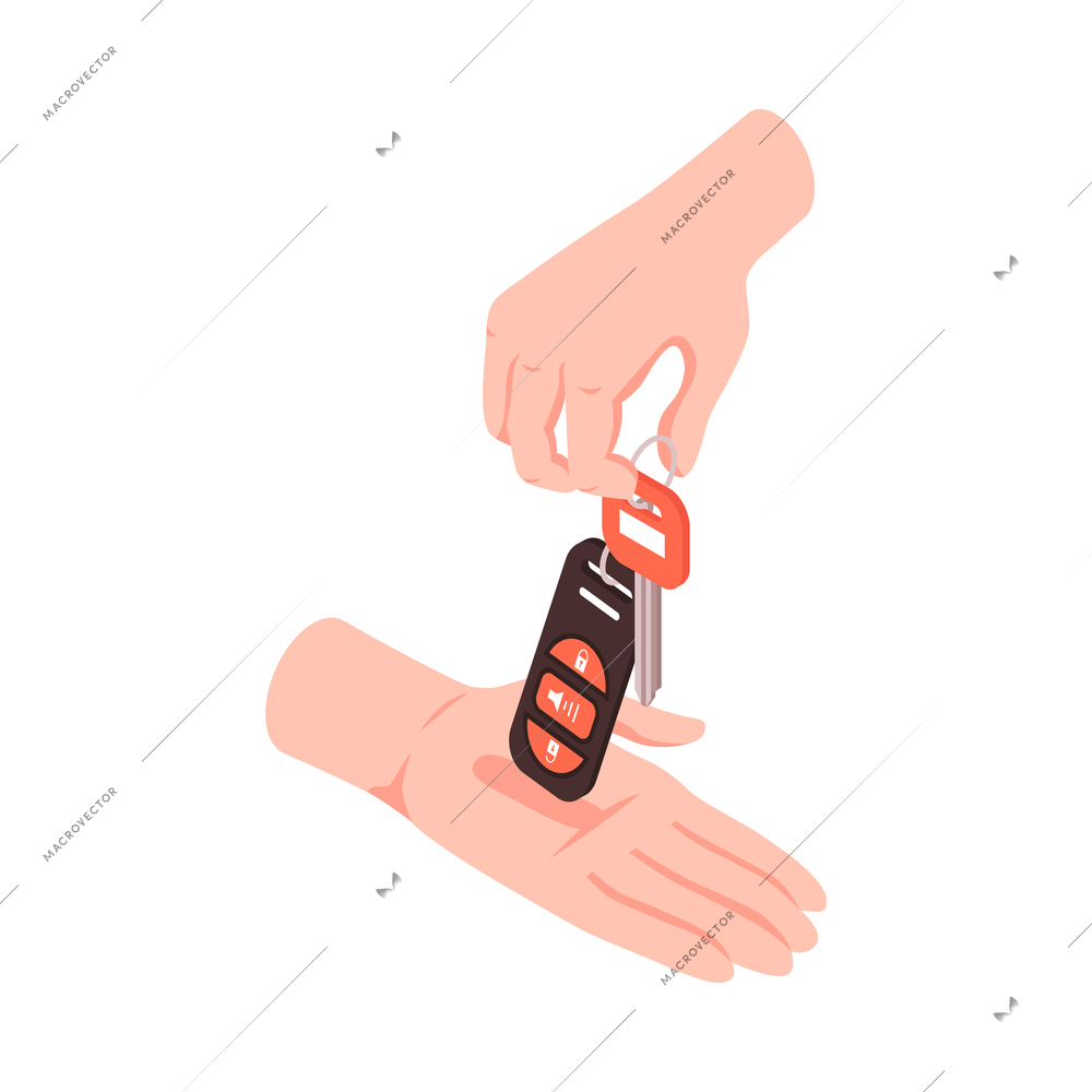 Isometric car sharing icon with human hand giving automobile key 3d vector illustration