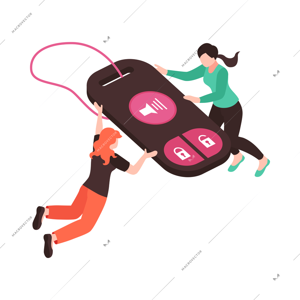 Isometric car sharing icon with two passengers using automobile together 3d vector illustration