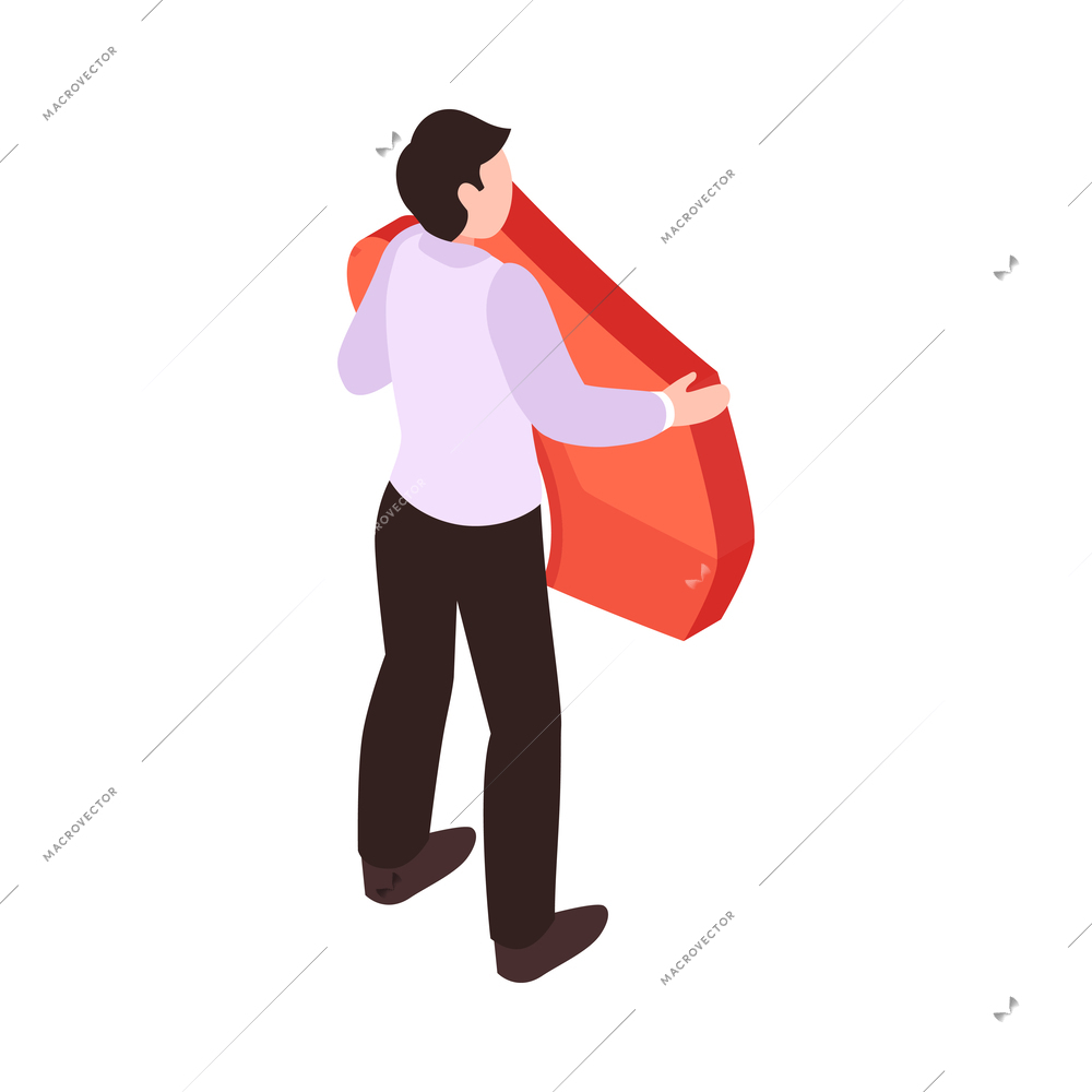 Isometric car sharing icon with man holding automobile puzzle piece back view 3d vector illustration