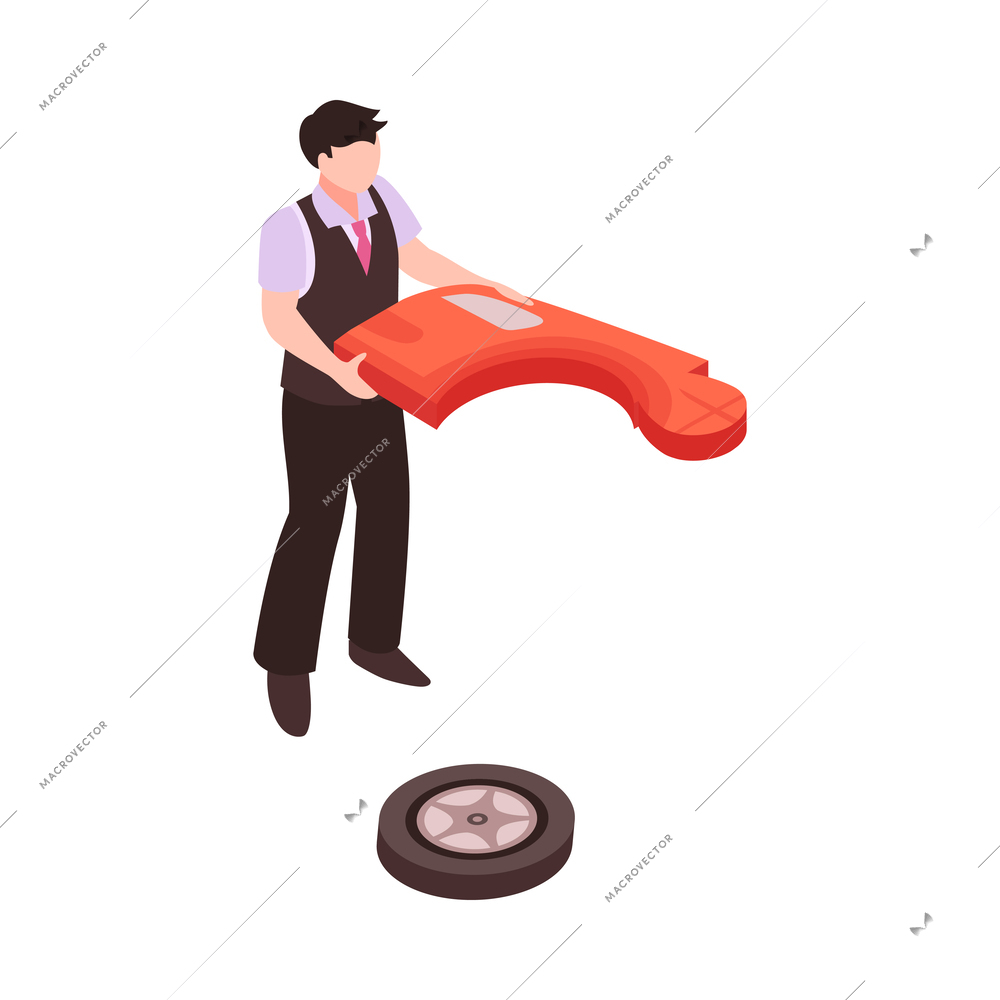 Car sharing isometric icon with man holding vehicle puzzle piece and wheel 3d vector illustration