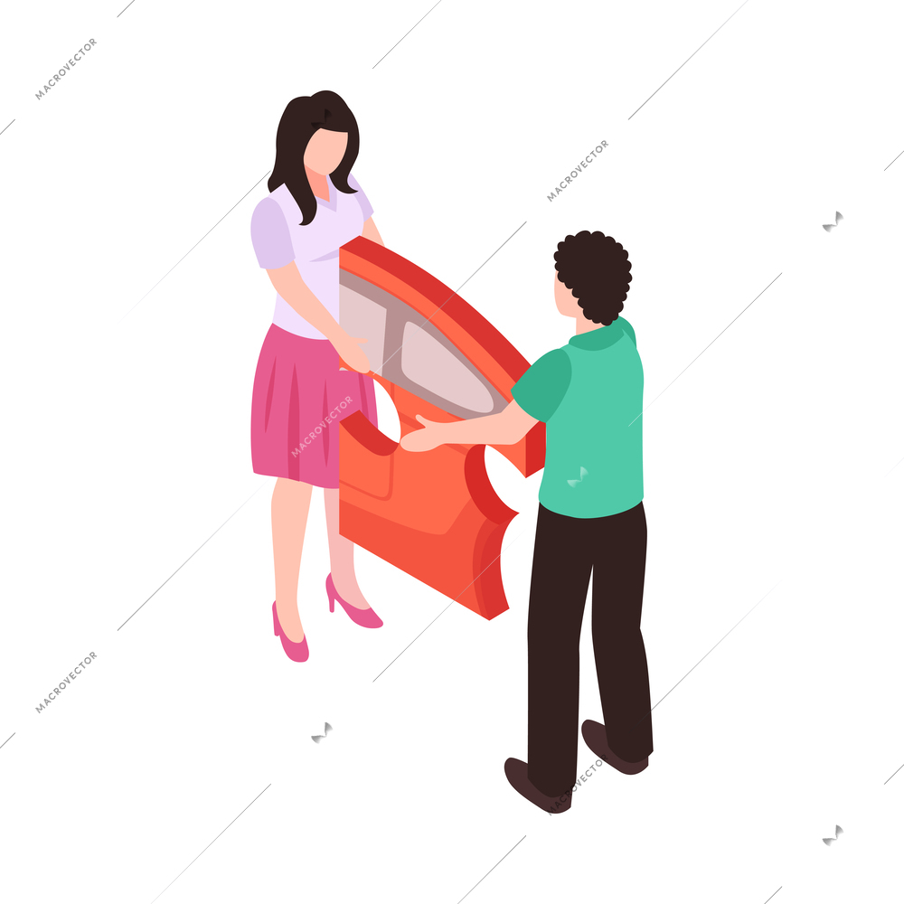 Car sharing isometric concept with two people holding automobile puzzle piece 3d vector illustration