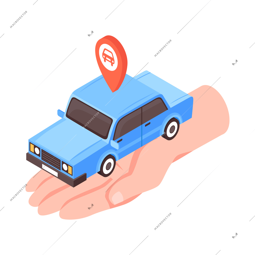 Isometric car sharing icon with automobile on human hand 3d vector illustration