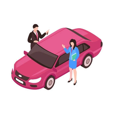 Isometric car sharing icon with two people and automobile 3d vector illustration