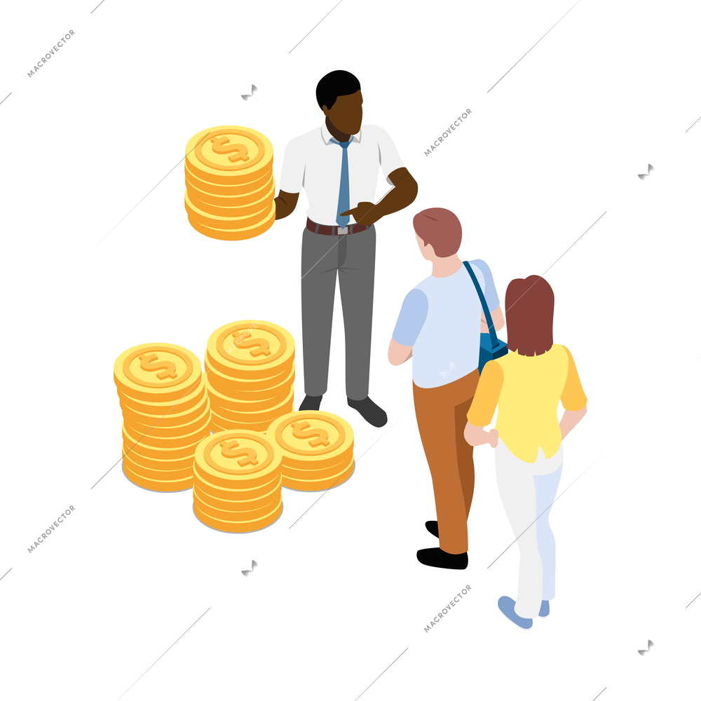 Social security isometric icon with man and woman getting money 3d vector illustration