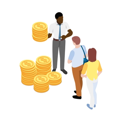 Social security isometric icon with man and woman getting money 3d vector illustration