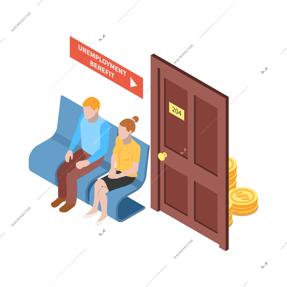 Social security isometric icon with people waiting to get unemployment benefits 3d vector illustration