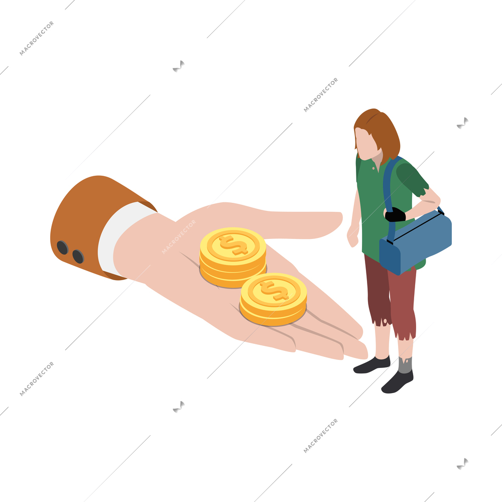 Social security isometric icon with human hand giving money to poor woman 3d vector illustration