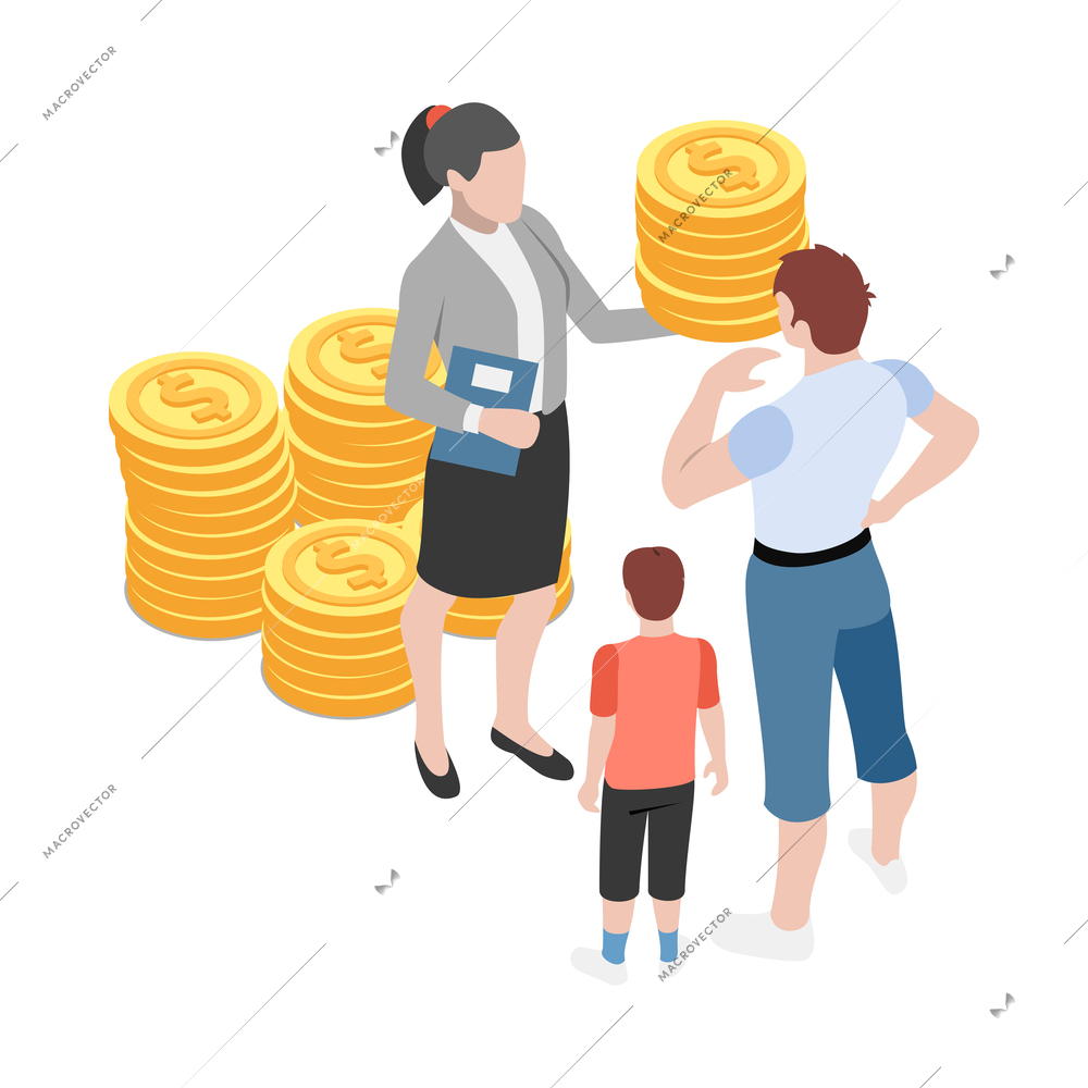 Social security isometric icon with family getting money 3d vector illustration