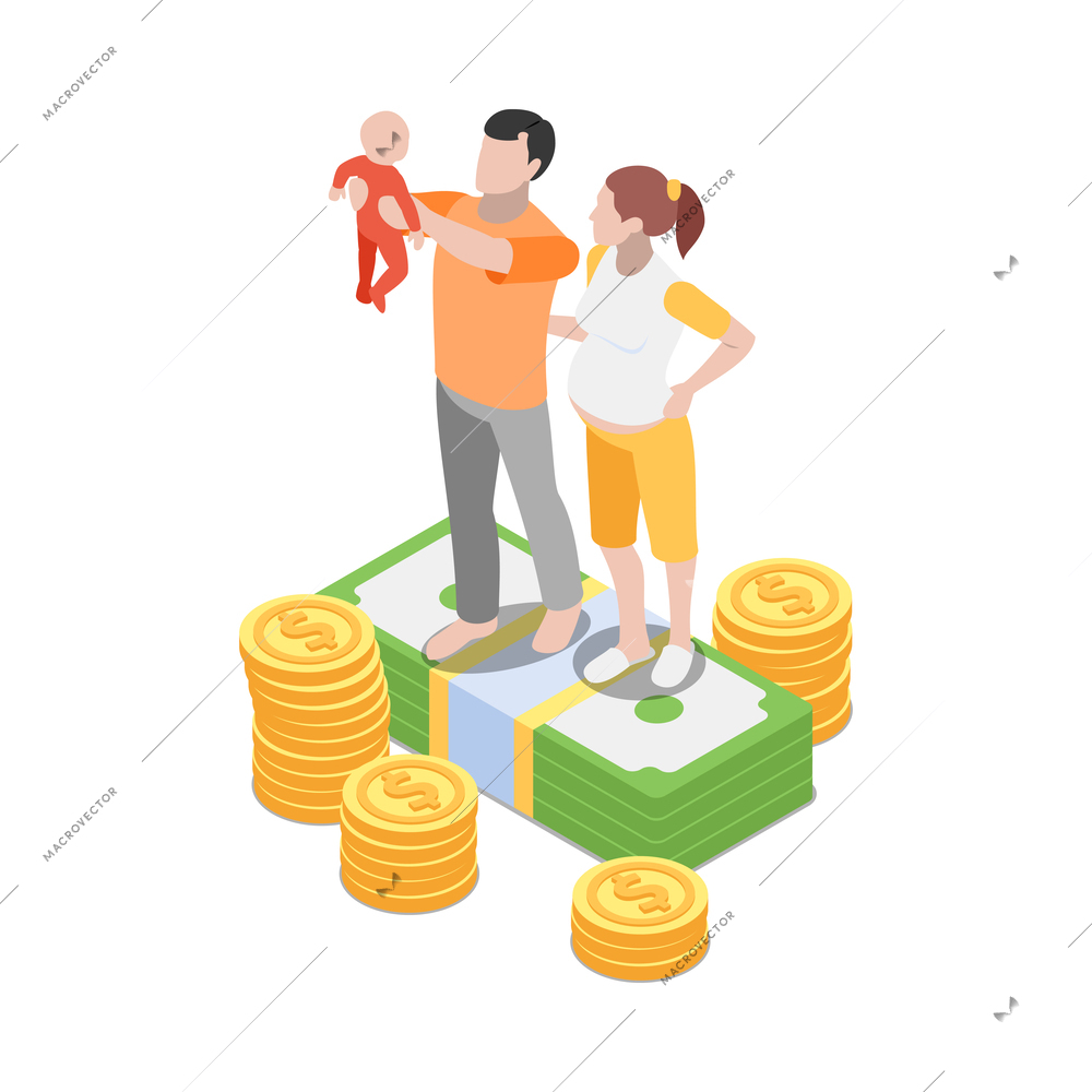 Social security isometric icon with family with baby pregnant woman and money 3d vector illustration