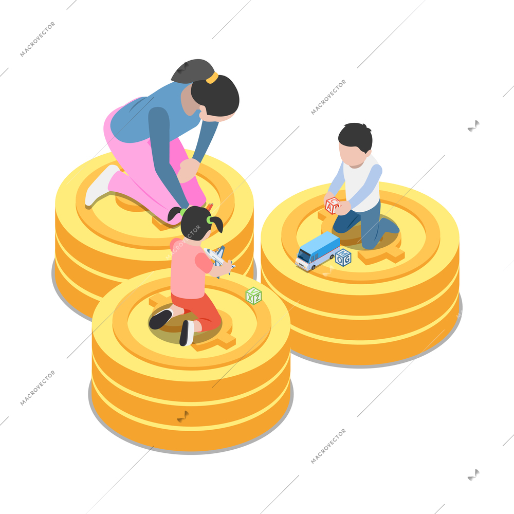 Social security isometric icon with woman and children on coins 3d vector illustration