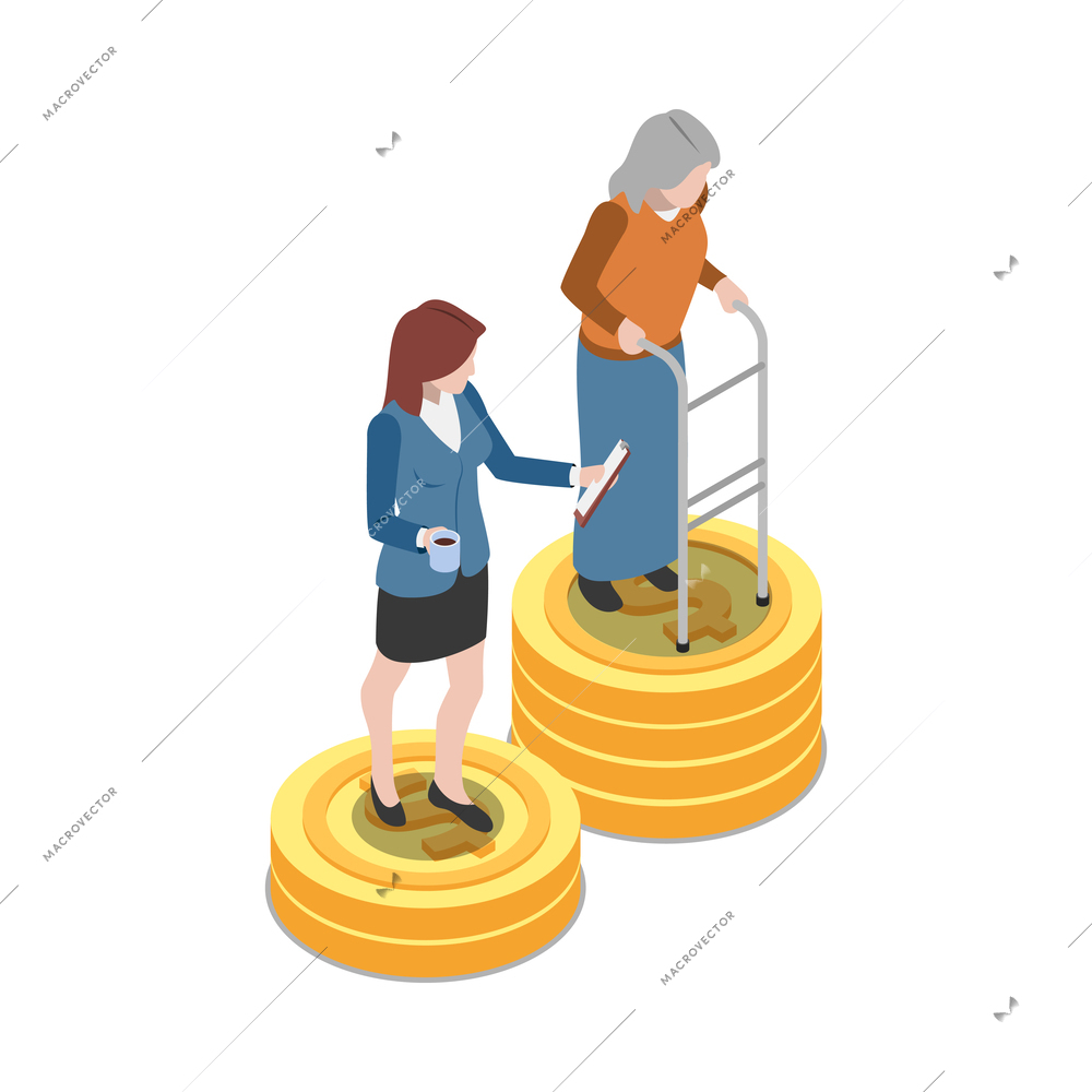 Social security isometric icon with disabled elderly woman getting benefits 3d vector illustration