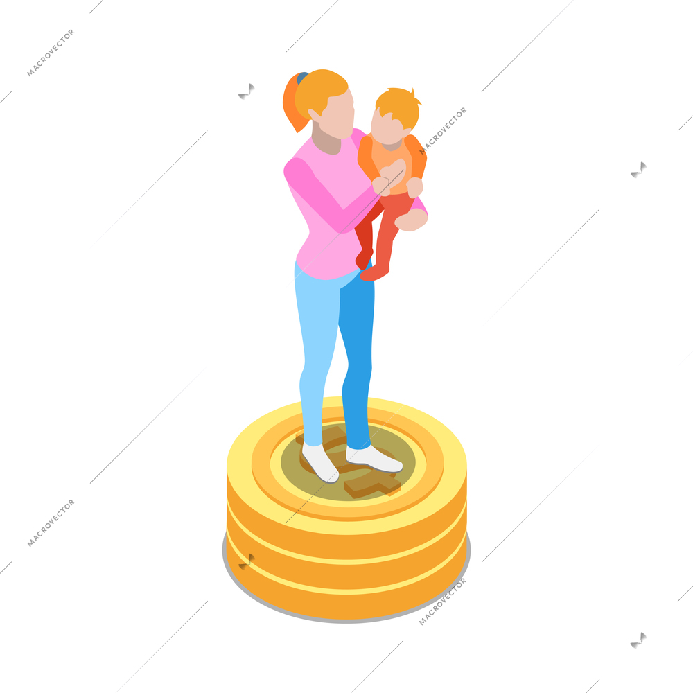 Social security isometric icon with single mum and stack of coins 3d vector illustration