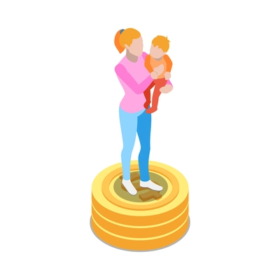 Social security isometric icon with single mum and stack of coins 3d vector illustration