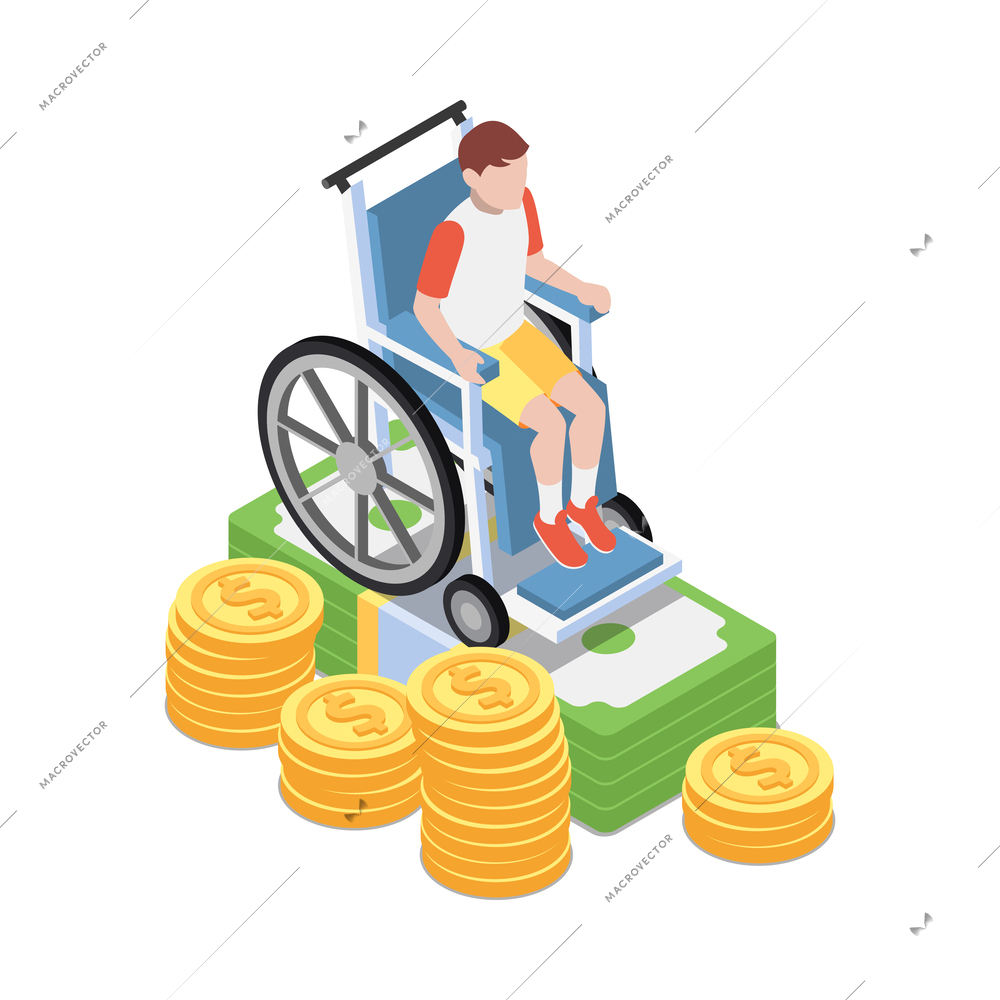 Social security isometric icon with impaired child in wheelchair and money 3d vector illustration