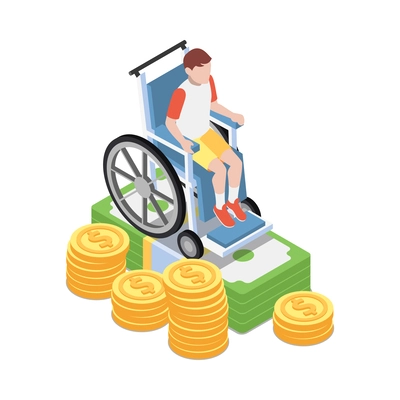 Social security isometric icon with impaired child in wheelchair and money 3d vector illustration