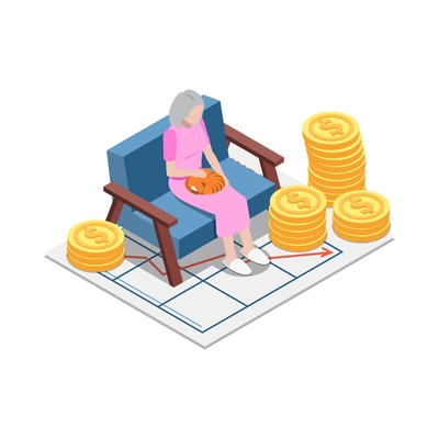 Social security isometric icon with lonely elderly woman getting benefits 3d vector illustration