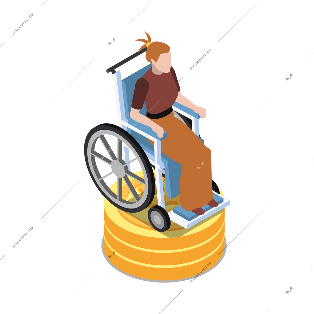 Social security isometric icon with disabled woman in wheelchair and stack of coins 3d vector illustration