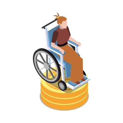 Social security isometric icon with disabled woman in wheelchair and stack of coins 3d vector illustration