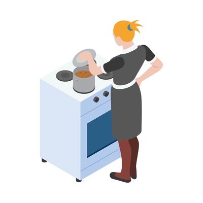 Housemaid cooking soup on cooker 3d isometric vector illustration