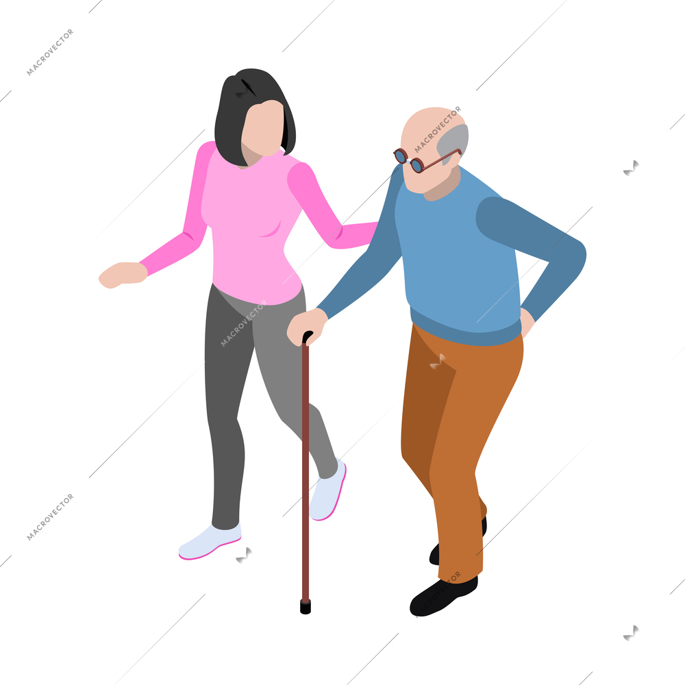 Female care worker helping elderly man isometric icon 3d vector illustration