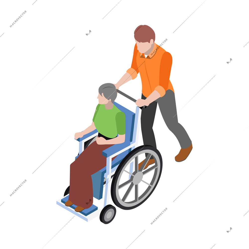 Male care worker helping senior woman in wheelchair 3d isometric vector illustration