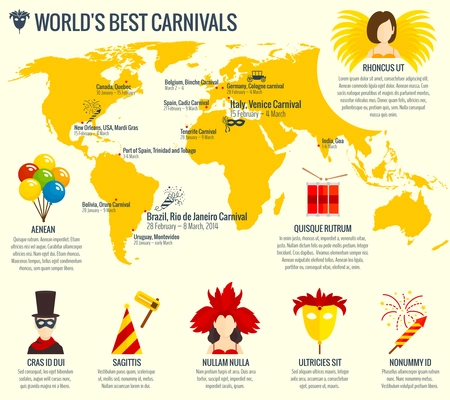 World best carnival season infographic poster print with german carriage and venetian eye mask abstract vector illustration