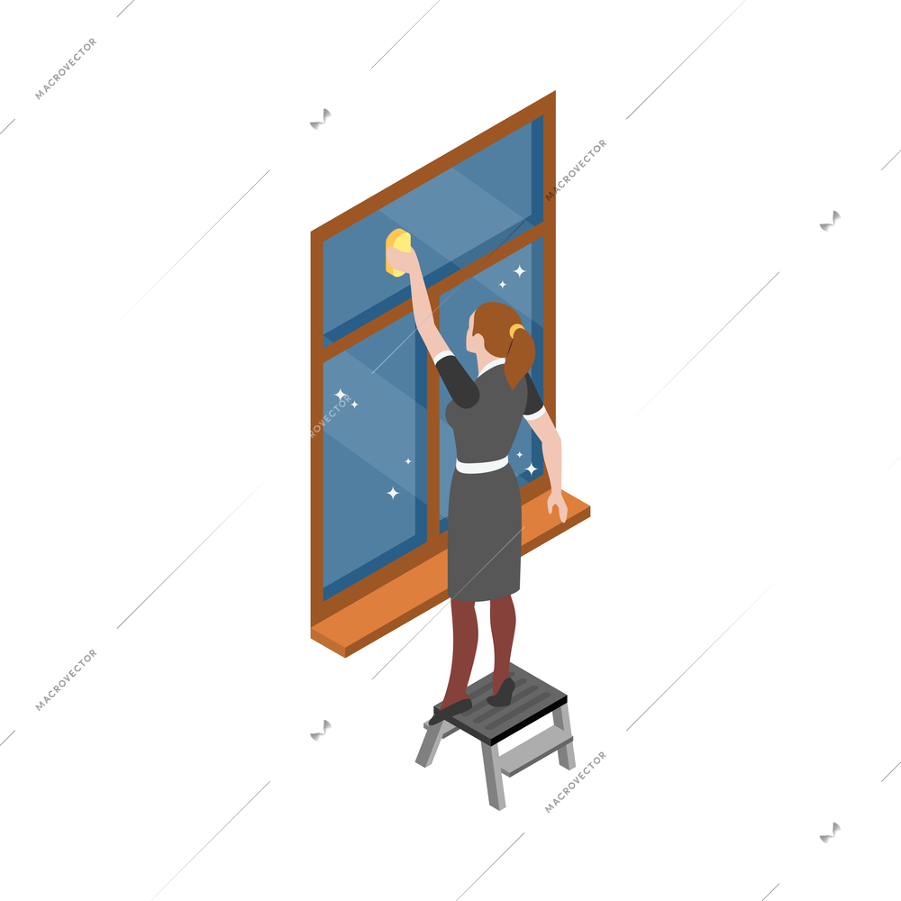 Housemaid in uniform washing window 3d isometric vector illustration