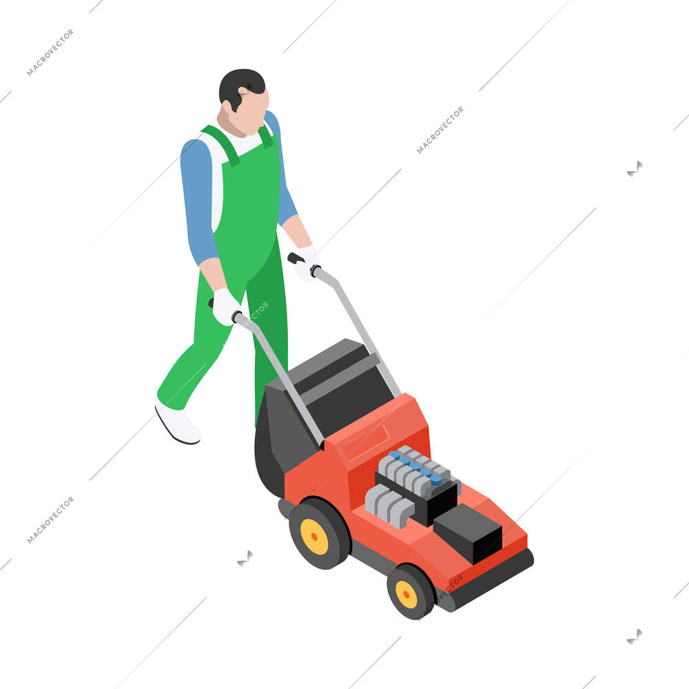 Isometric gardener in uniform with lawn mower 3d vector illustration