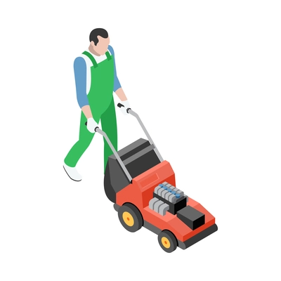 Isometric gardener in uniform with lawn mower 3d vector illustration