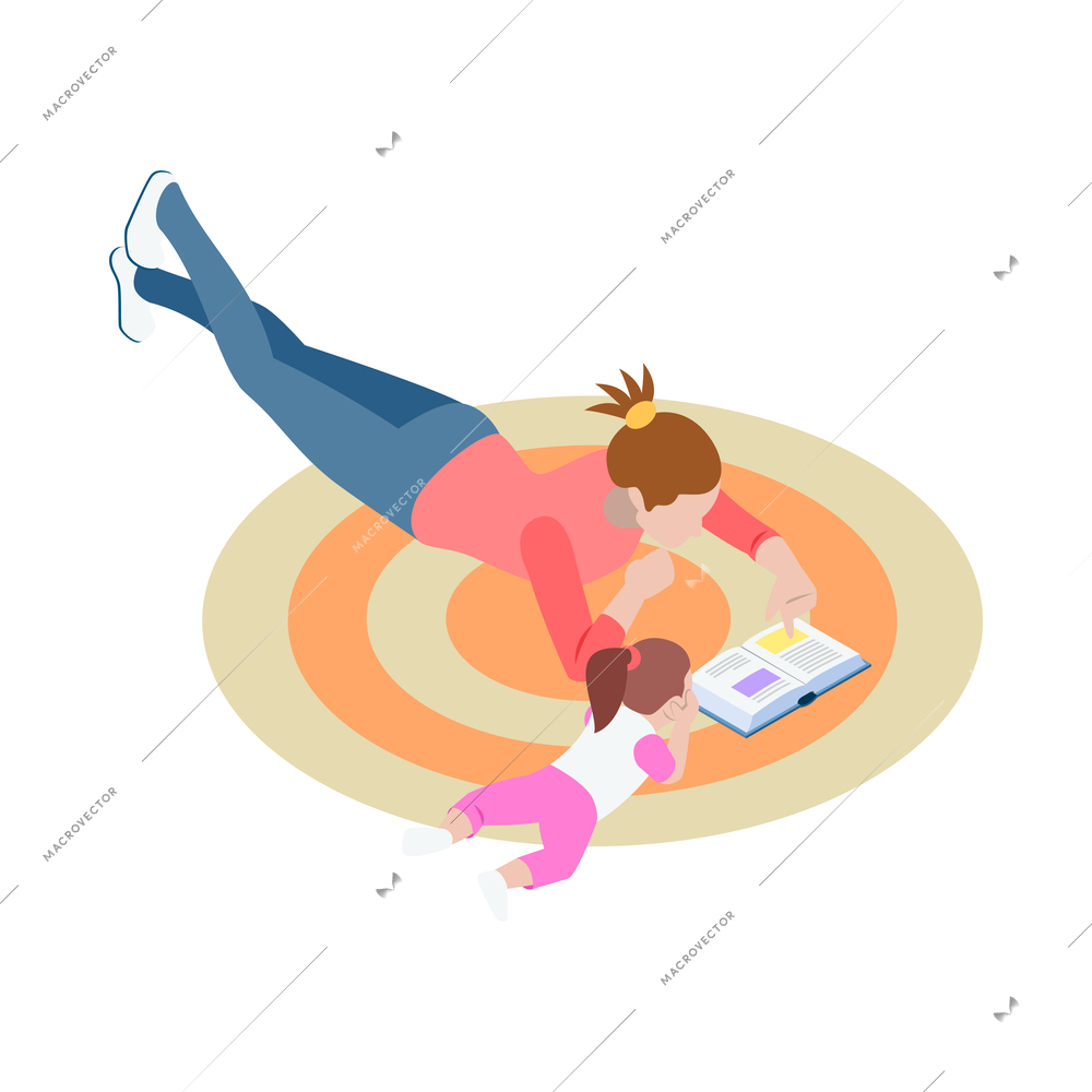 Mother or nanny reading book to girl on floor 3d isometric vector illustration