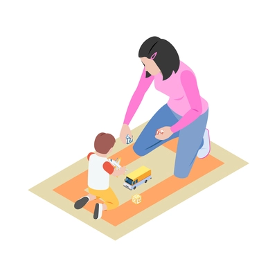 Babysitter playing with little kid on rug 3d isometric vector illustration