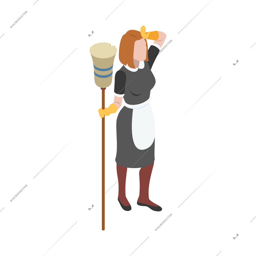 Tired housemain with broom on white background 3d isometric vector illustration
