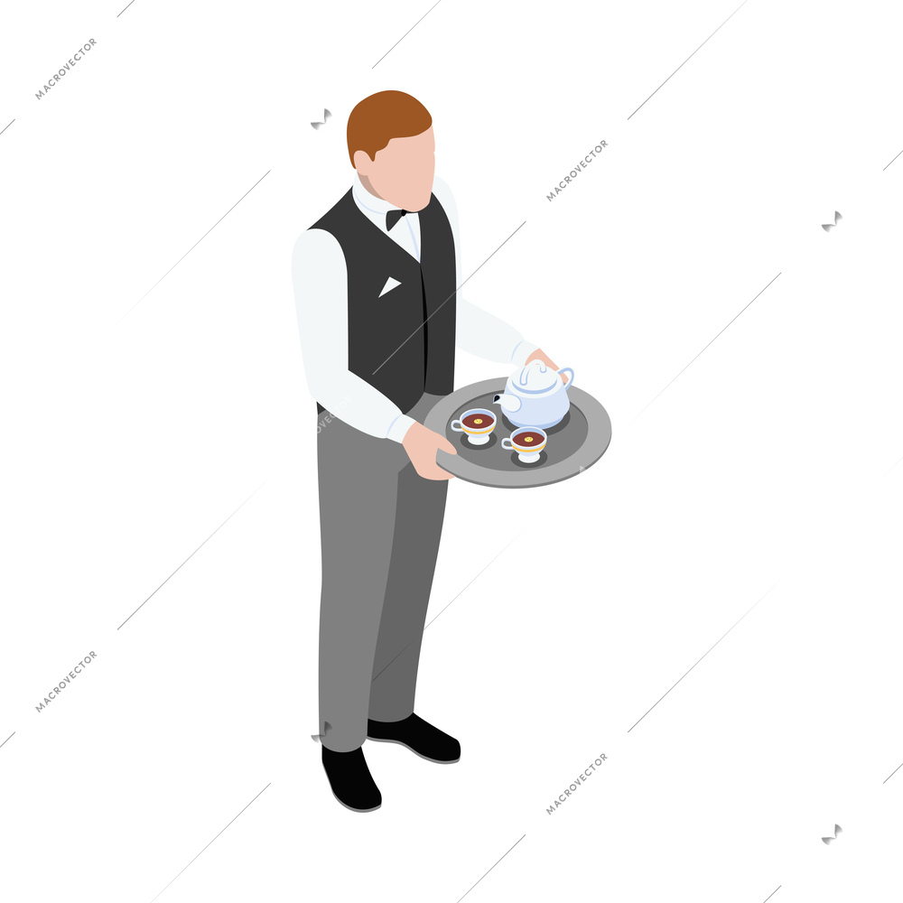 Isometric butler holding tray with cups and teapot 3d vector illustration