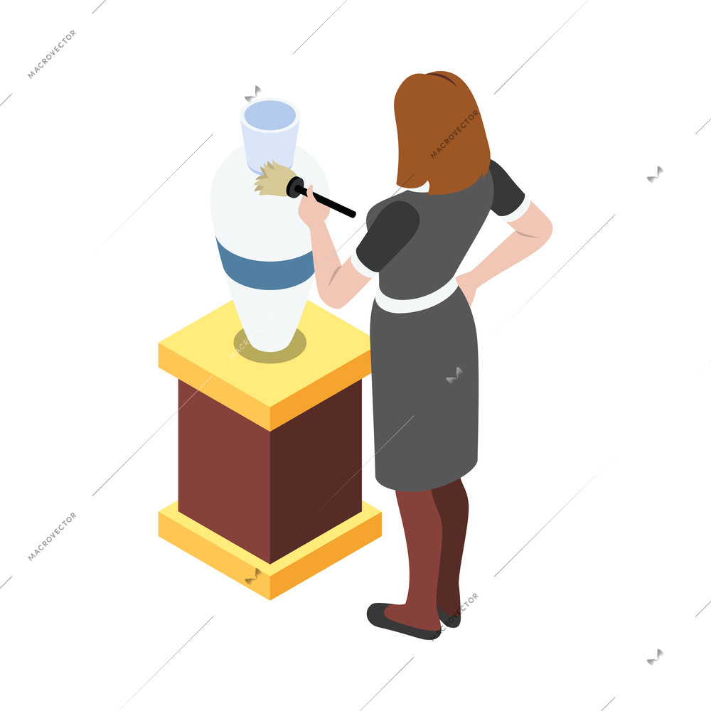 Housemaid in uniform doing dusting 3d isometric vector illustration