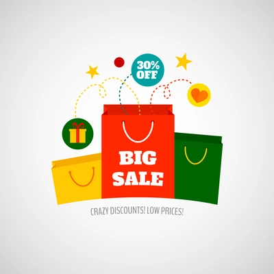 Big sales with crazy low prices promotion for woman budget shopping advertisement poster flat icon vector illustration