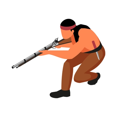 Isometric native american indigenous man with musket and knife 3d vector illustration